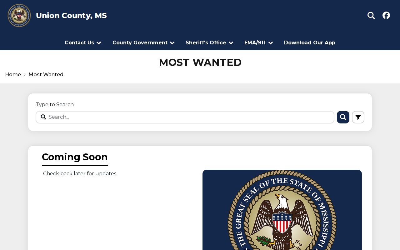 Union County official Most Wanted page showing Coming Soon status